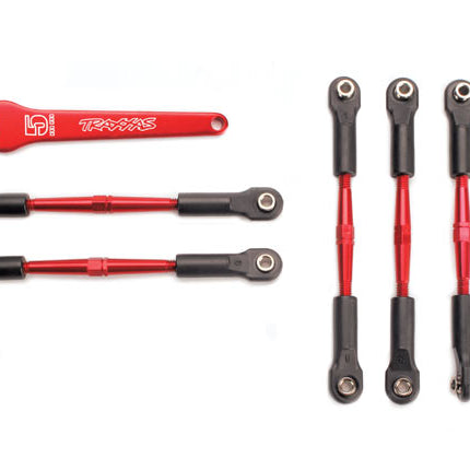 TRA5539X, Turnbuckles, aluminum (red-anodized), camber links, 58mm (4)/ front toe links, 61mm (2) (assembled with rod ends and hollow balls)/  aluminum 5mm wrench (red-anodized)
