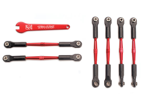 TRA5539X, Turnbuckles, aluminum (red-anodized), camber links, 58mm (4)/ front toe links, 61mm (2) (assembled with rod ends and hollow balls)/  aluminum 5mm wrench (red-anodized)