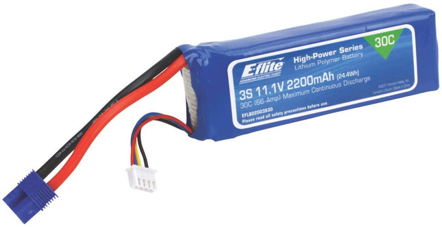 E-flite, 11.1V 2200mAh 3S 30C LiPo Battery: EC3, EFLB22003S30 - Caloosa Trains And Hobbies
