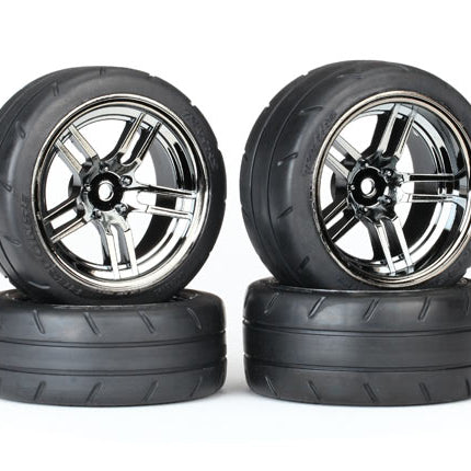 TRA8375, Tires & wheels, assembled, glued (split-spoke black chrome wheels, 1.9' Response tires, foam inserts) (front (2), rear (extra wide) (2)) (VXL rated)