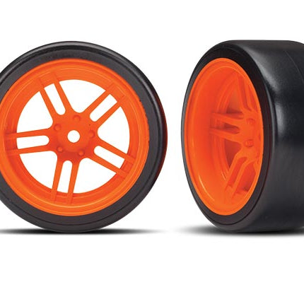 TRA8377A, Tires and wheels, assembled, glued (split-spoke orange wheels, 1.9' Drift tires) (rear)