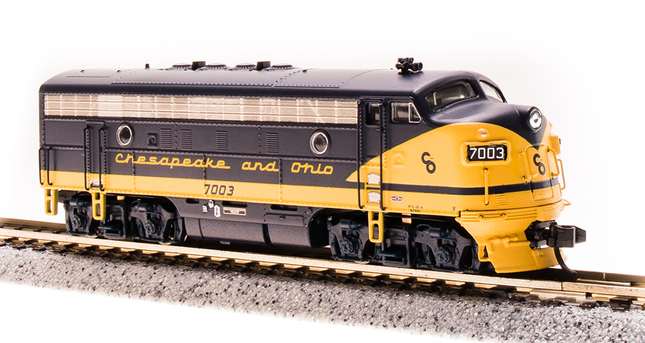 3803 EMD F7 A/B, C&O 7002/7501, As-Delivered, A-unit Paragon3 Sound/DC/DCC, Unpowered B, N Scale