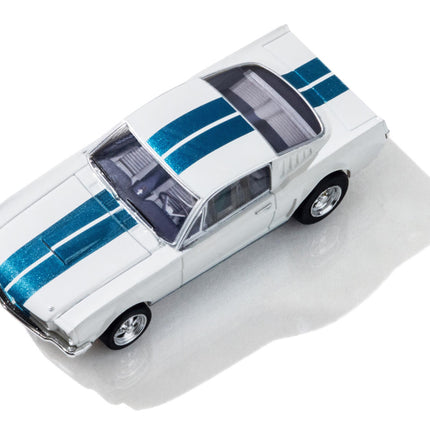 AFX22068, AFX 1965 Shelby Mustang GT350 1/64 Scale Slot Car (White/Blue) (LWB) (Mega G+)
