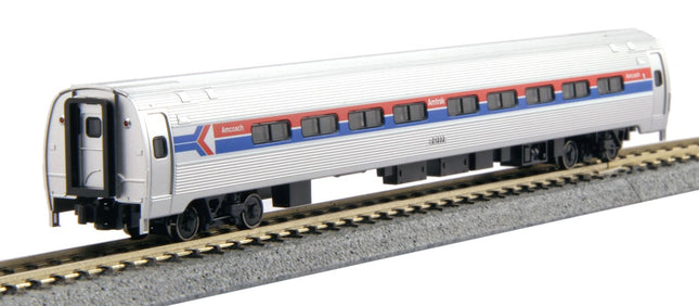 Amfleet I 4-Car Set in Bookcase Storage Case - Ready to Run -- Amtrak #21116, 21214, 21253, Cafe 20030 (Phase I; Wide red, blue Stripes)