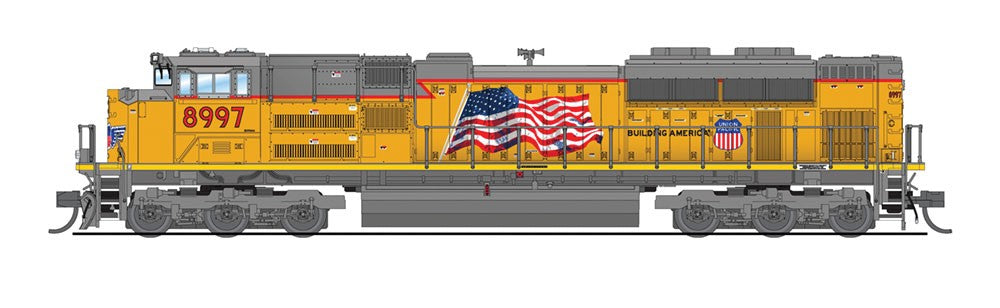 EMD SD70ACe - Sound and DCC - Paragon3(TM) -- Union Pacific #8997 (Armour Yellow, gray; U.S. Flag, Building America Logo) N Scale - Caloosa Trains And Hobbies