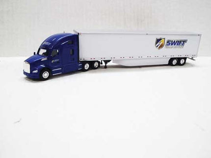 Kenworth T680 Sleeper-Cab Tractor with 53' Dry Van Trailer - Assembled -- Swift (white, blue, yellow, Shield Logo)