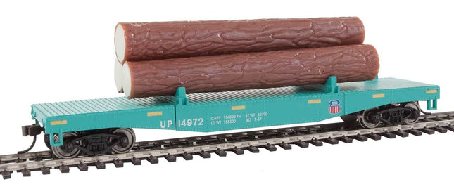 WalthersTrainline Part # 931-1773 Log Dump Car with 3 Logs - Ready to Run -- Union Pacific 14972 (MOW Scheme; green, yellow Conspicuity Marks)