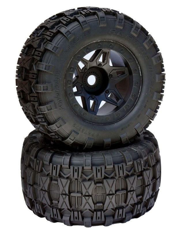PHBPHT2372B, Power Hobby 1/8 Raptor 3.8" Belted All Terrain Tires 17mm Mounted - Black