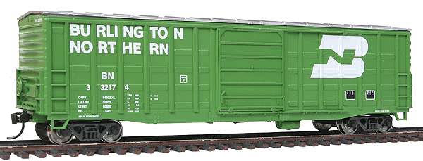932-60801, Walthers Rolling Stock Pullman-Standard 50' Waffle-Side Boxcar - Ready to Run -- Burlington Northern #332174 (Cascade Green, white, Large Logo)