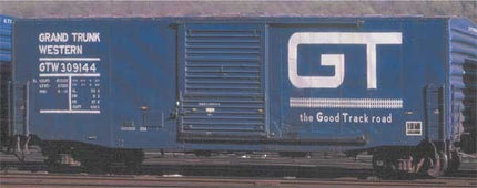 Pullman-Standard PS-1 50' Boxcar w/10' Door - Ready to Run -- Grand Trunk Western #309144 (1989 Repaint; blue, Large GT Logo)