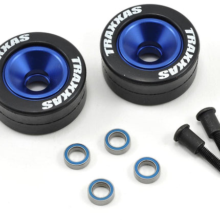 TRA5186A, Traxxas Aluminum Wheelie Bar Wheel Set w/Rubber Tires (Blue) (2)
