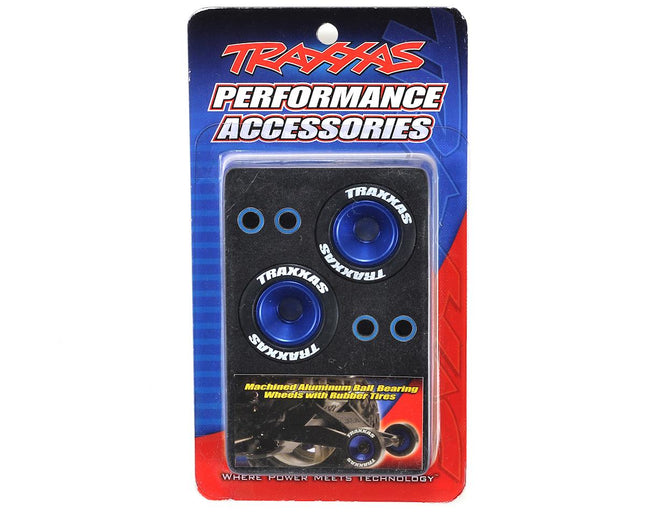 TRA5186A, Traxxas Aluminum Wheelie Bar Wheel Set w/Rubber Tires (Blue) (2)