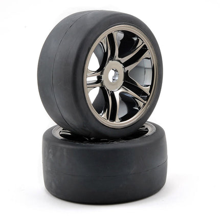 TRA6477, Traxxas Rear Tire & Wheel Set (2) (Black Chrome) (S1)