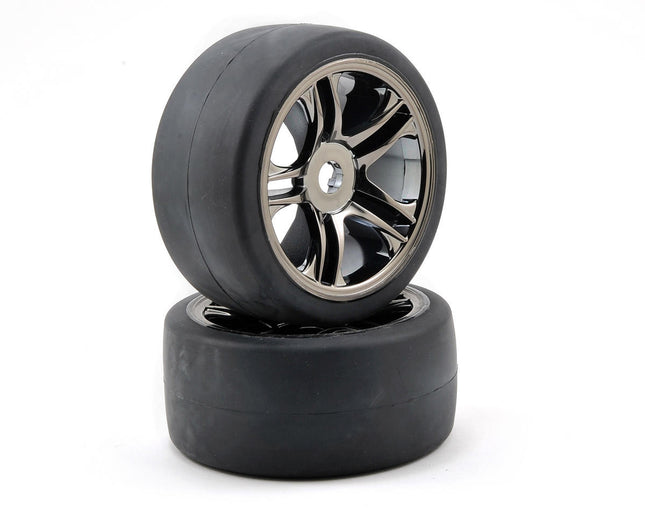 TRA6477, Traxxas Rear Tire & Wheel Set (2) (Black Chrome) (S1)