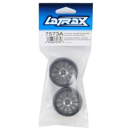 TRA7573A, Traxxas LaTrax Pre-Mounted Slick Tires & 12-Spoke Wheels (Black Chrome) (2)