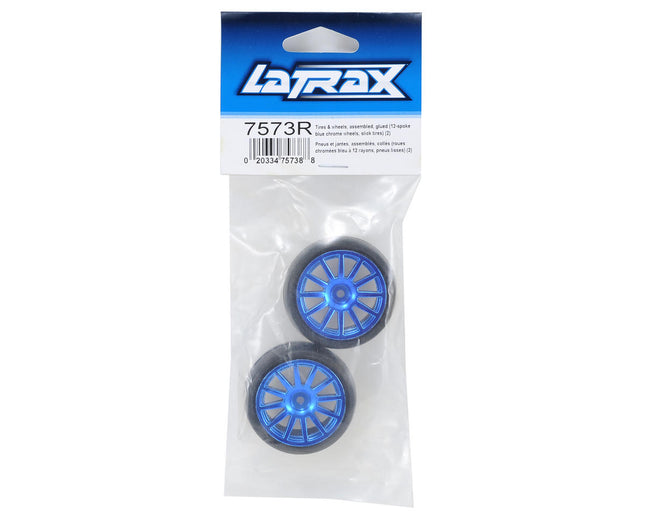 TRA7573R, Traxxas LaTrax Pre-Mounted Slick Tires & 12-Spoke Wheels (Blue Chrome) (2)