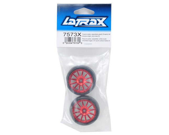 TRA7573X, Traxxas LaTrax Pre-Mounted Slick Tires & 12-Spoke Wheels (Red Chrome) (2)