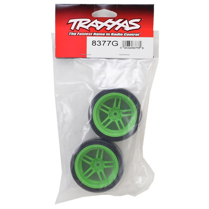 TRA8377G, Traxxas 4-Tec 2.0 1.9" Rear Pre-Mounted Drift Tires (Green) w/12mm Hex Split-Spoke Wheels (Green) (2)
