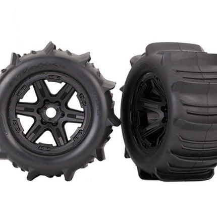 TRA8674, Traxxas E-Revo/Sledge Paddle Tires 3.8" Pre-Mounted w/Monster Truck Wheels (Black) (Standard)