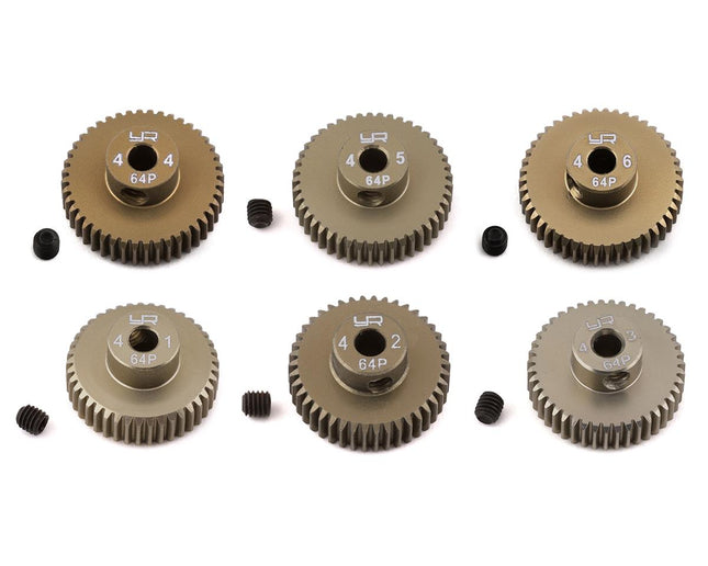 YEA-MG-64041-046, Yeah Racing Hard Coated 64P Aluminum Pinion Gear Set (41, 42, 43, 44, 45, 46T)