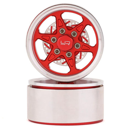 YEA-WL-0122RD, Yeah Racing 1.9" Aluminum BXC 6 Spoke Beadlock Wheels w/Faux Rotors (Red) (2)