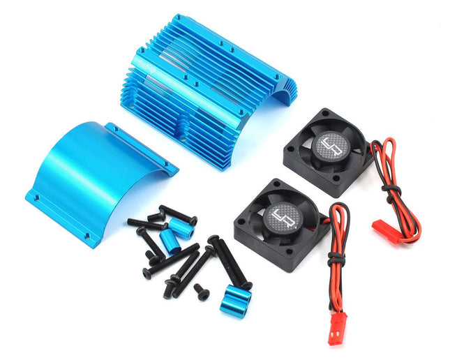 YEA-YA-0261BU, Yeah Racing 1/8 Twin Fan Aluminum Heat Sink w/2 Fans (Blue) (40.8mm diameter)